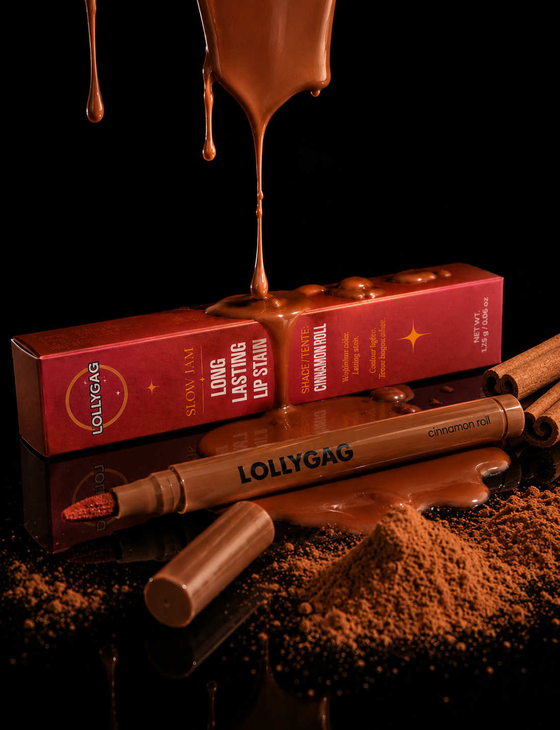 Cinnamon Roll lip stain with a chocolate pour